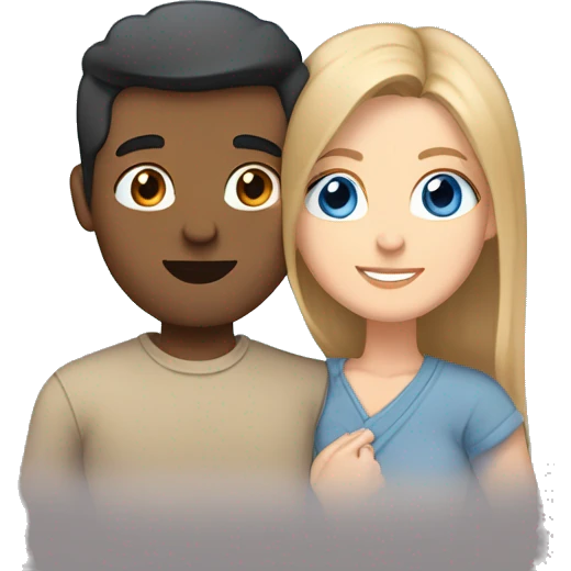 Friends hugging each other. Indian man, short black hair. White woman, blue eyes and long light brown hair emoji