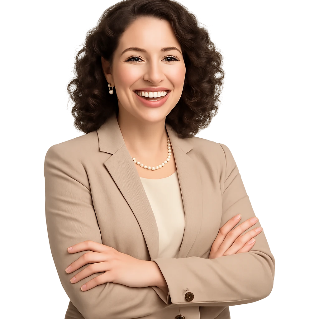 a beautiful, fancy woman as a happy and relaxed project manager, in a professional yet cheerful pose emoji