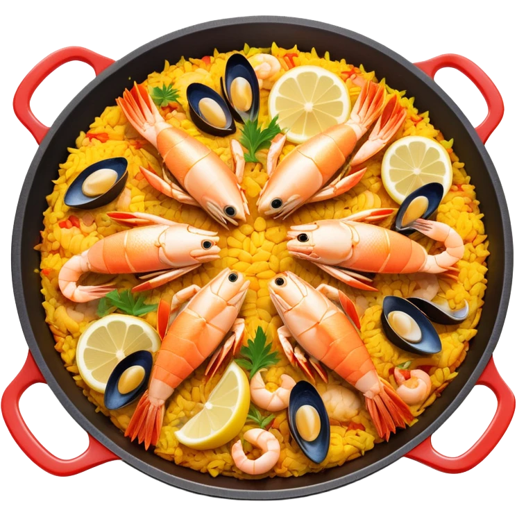 cinematic-realistic-paella-dish-emoji,-depicted-as-a-vibrant,-aromatic-rice-dish-loaded-with-seafood,-chicken,-and-saffron-rendered-with-rich-textures-and-dynamic,-warm-lighting with a lemon slice in the middle emoji