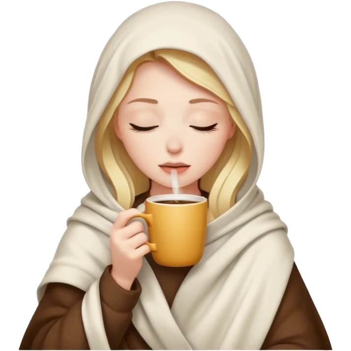 white girl inside a blanket sipping coffee eyes closed emoji