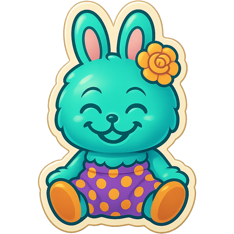 Change the teal bunny character's face to a happy, wide smile with closed eyes, keeping the retro stickers style. emoji