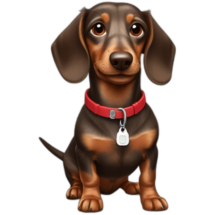 Happy brown wire-haired dachshund with red tag emoji