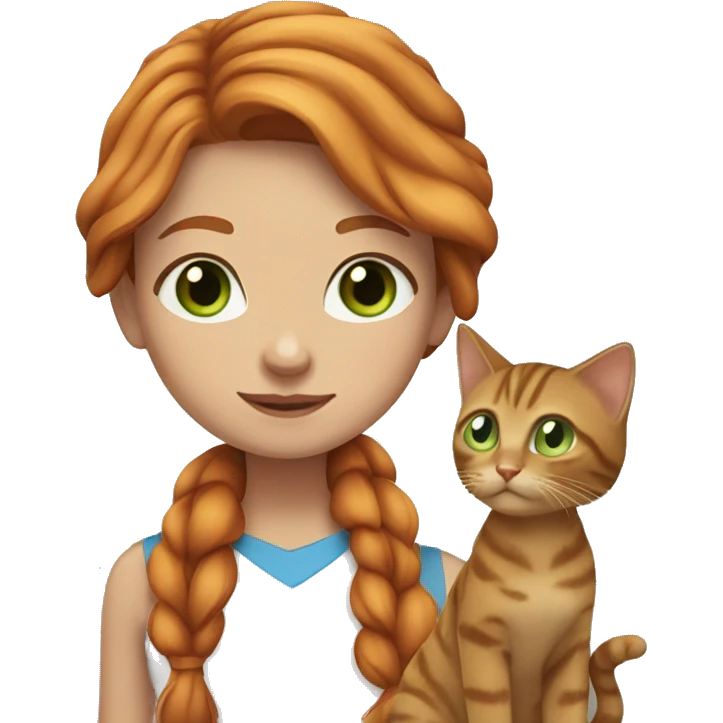 girl with blue eyes, with flowing ginger hair with brown tabby cat with greenish eyes emoji