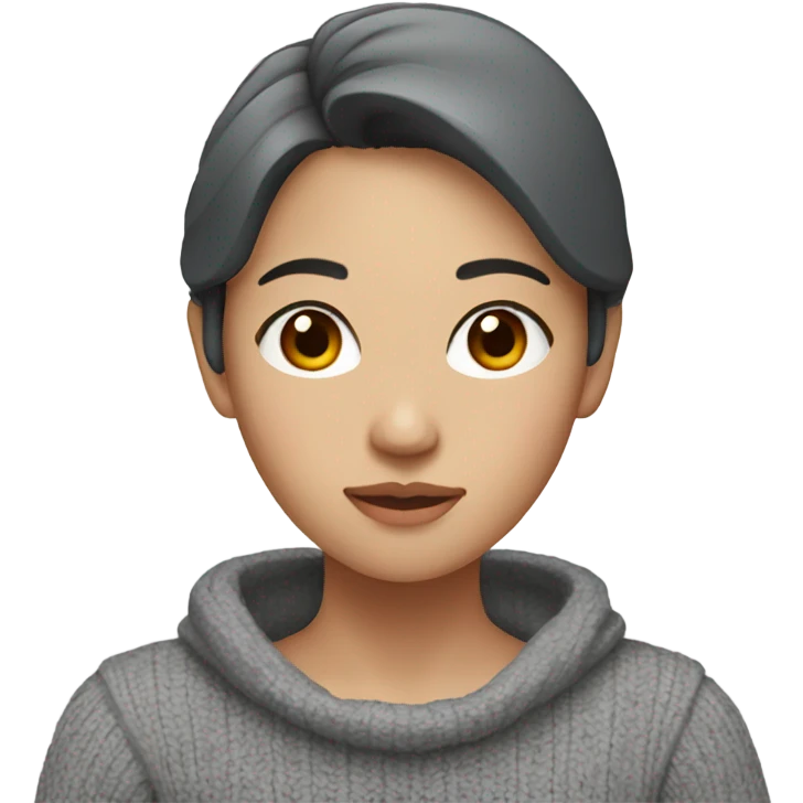 Asian Female with dark red hair , brown eyes , wearing a gray sweater  emoji