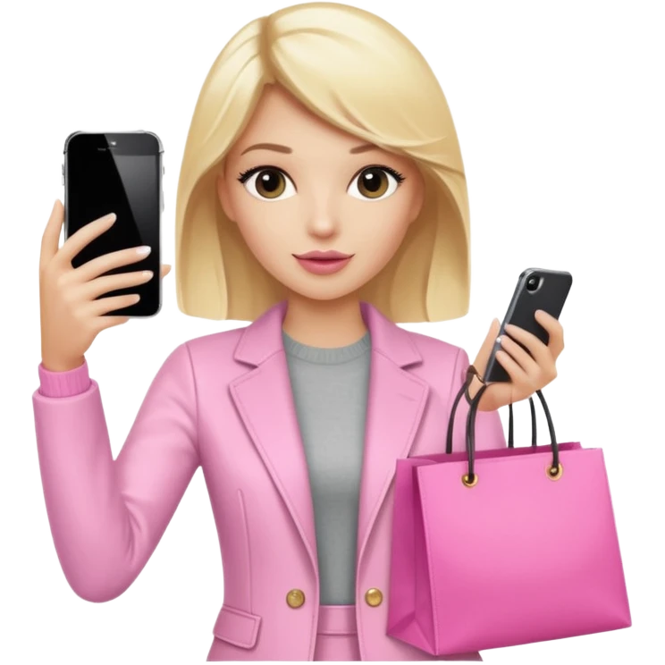Blond influencer taking selfie with an iphone with one hand and a pink shopping bag next to her  emoji