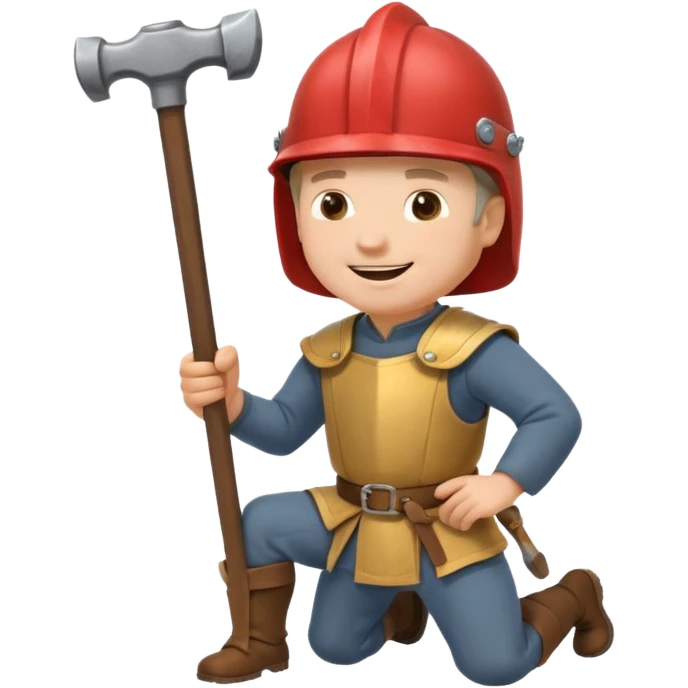 a happy medieval white man with a helmet kneeling and knocking with a hammer emoji