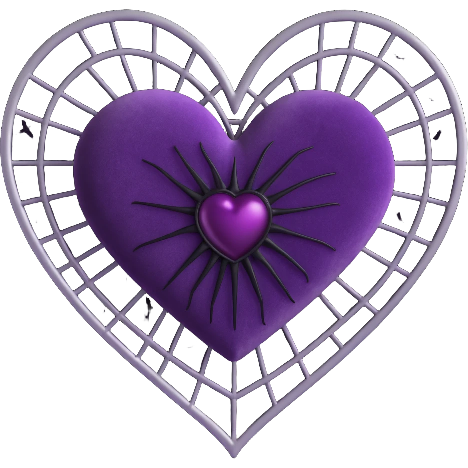 3D emoji gothic heart, deep violet velvet, silver spiderweb overlay, black lace trim, moody and elegant emoji