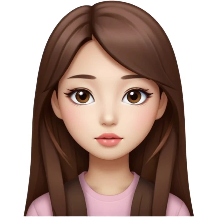 “korean straight long brown hair Emoji girl, soft eyeliner and blush, gradient lips, light brown shimmer eyeshadow emoji
