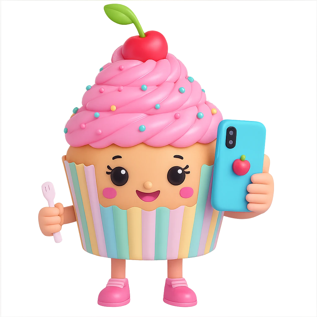 Change the cupcake wrapper pattern to pastel stripes, keep the rest of the 3D kawaii cupcake character the same, no background, transparent PNG. The style is 3D kawaii cupcake character with a focus on pastel colors and a cute appearance. emoji