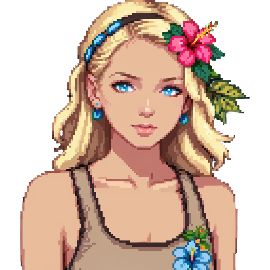 preppy coastal teen girl with blue eyes, beach blonde hair, tan skin, hibiscus flower in her ear, preppy beach outfit emoji