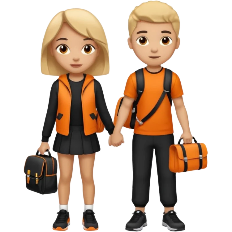 light skin students girl and boy with school bag full of books on back and dumbell in hand. Clothes are in black and orange colours  emoji
