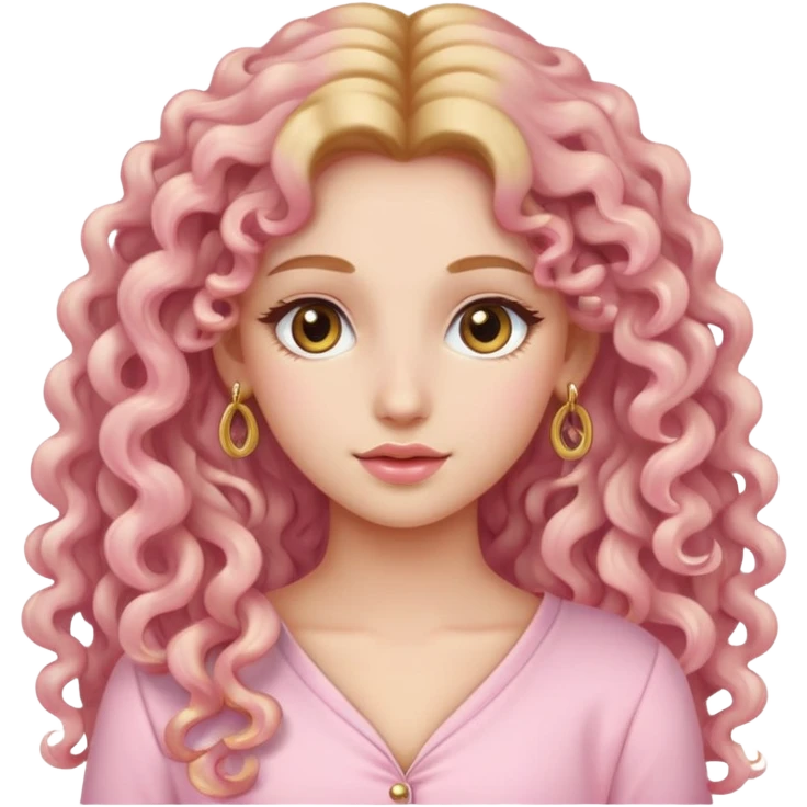 A beautiful girl wearing light pink clothes, long golden curly hair, earrings emoji