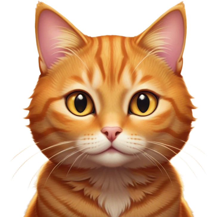 Cinematic Cute Ginger Tabby Cat Portrait Emoji, Round and plump body, soft orange-brown fur with dark tabby stripes, big, sparkling amber eyes, Simplified yet irresistibly adorable features, highly detailed, glowing with a warm, cozy glow, high shine, curious yet calm, stylized with a touch of whimsy, bright and endearing, soft glowing outline, capturing the essence of a mischievous yet lazy and lovable kitty, so cuddly it feels like it could waddle right out of the screen for a snuggle! emoji