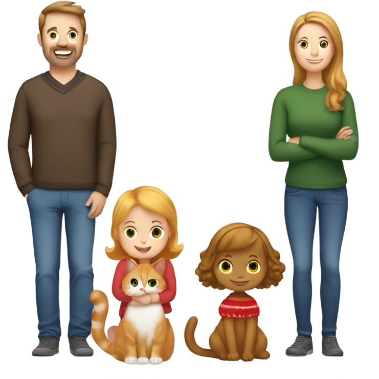 Family of 3 people and a cat: Brown hair dad , brown hair mom , blond little daughter and a ginger cat in Christmas Day  emoji