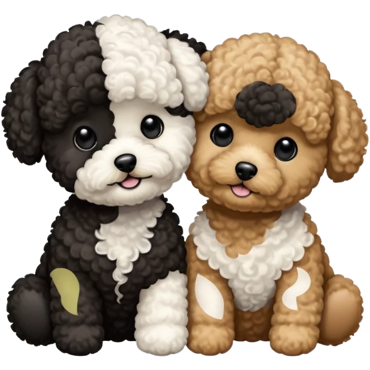 Two small, fluffy dogs with a toy poodle / bichon-like appearance, both with round faces, black button eyes, and short snouts. Their fur is bright white, tightly curled, and freshly groomed, styled in a plush, teddy-bear cut. emoji