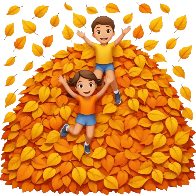 two children mid-air above a big pile of orange and yellow leaves, smiling faces emoji