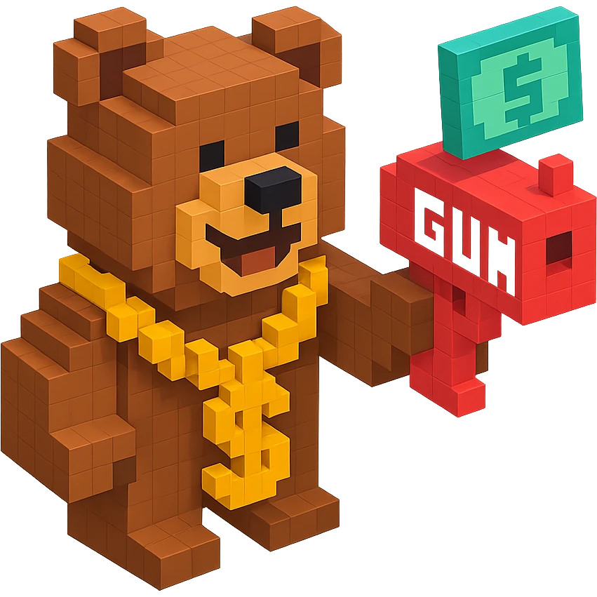 Russian grizzly bear wearing a rapper chain and holding a money gun emoji