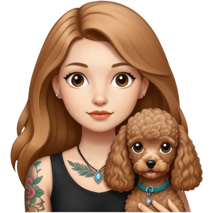 a  Fair skin girl with Light brown  Straight long hair and tattoos and a miniature poodles emoji