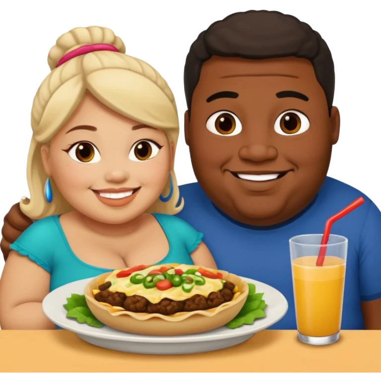 Fat Mexican woman and fat light skinned black guy eating together emoji