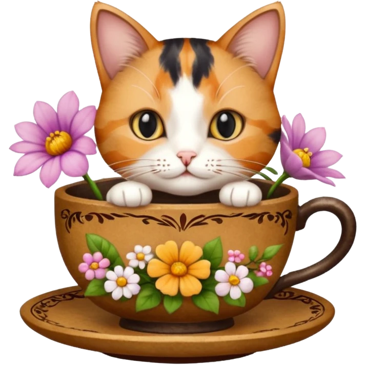 Cat in a tea cup with flowers and books emoji