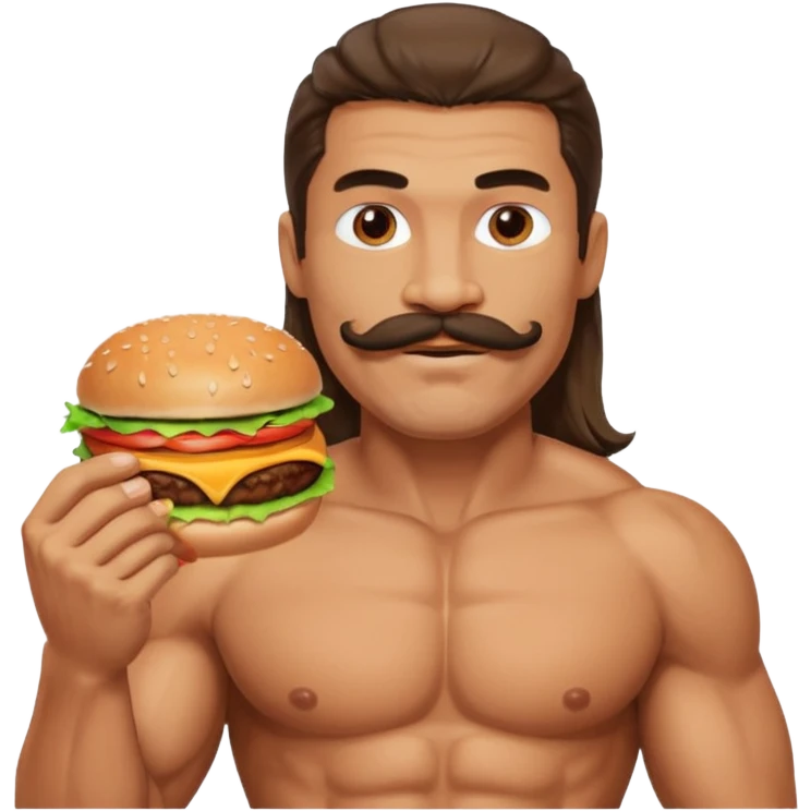 jacked guy with long hair and a mustache eating a burger with his shirt off emoji
