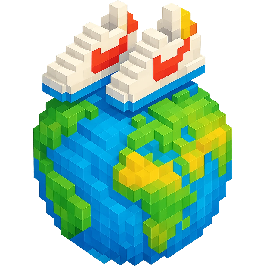 isometric view of Earth globe with a pair of Nike Cortez sneakers walking on top, voxel style emoji