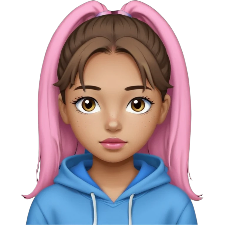 Create a teenage girl with straight light brown hair pulled into a ponytail, tan skin, light freckles, and blue-grey eyes. She will have pink lips and long black eyelashes. She will be wearing a big black hoodie. emoji