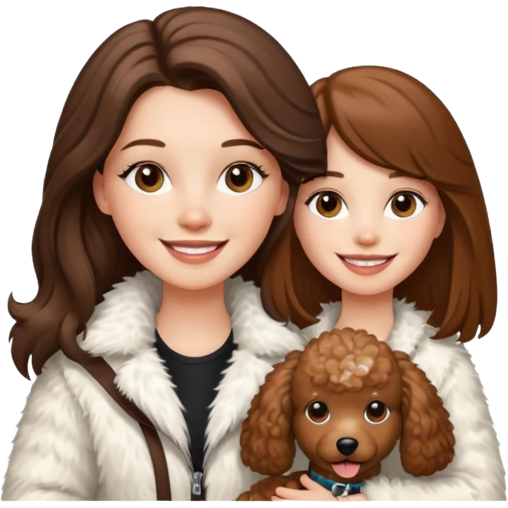 A white girl smiles a broad smile. She parts a long straight brown hair in middle. and she wears a white fur jacket. She also holds one brown poodle. emoji