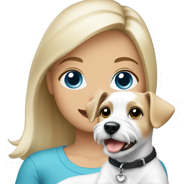 girl with blond hair and blue eyes holding a white russel terrier dog emoji