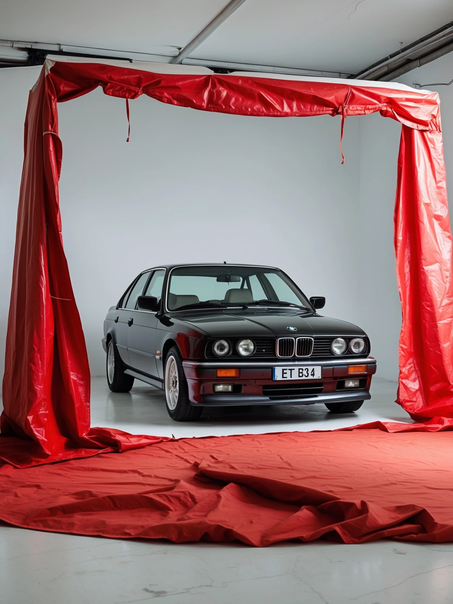 studio photo on a pure white background old black BMW E34 car is visible from under a red tent cover emoji