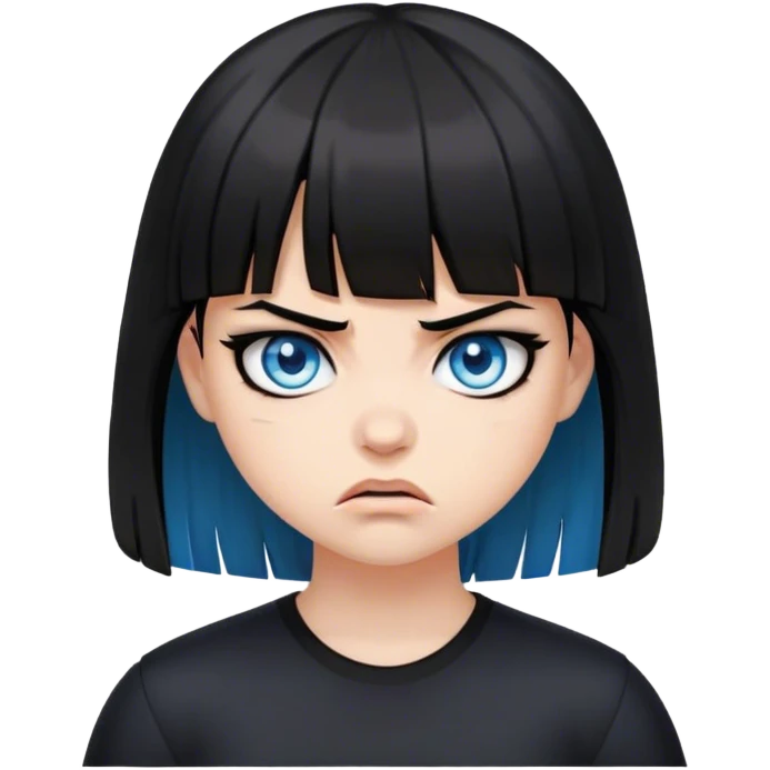 Girl angry wearing black with black medium length hair with bangs and blue eyes emoji