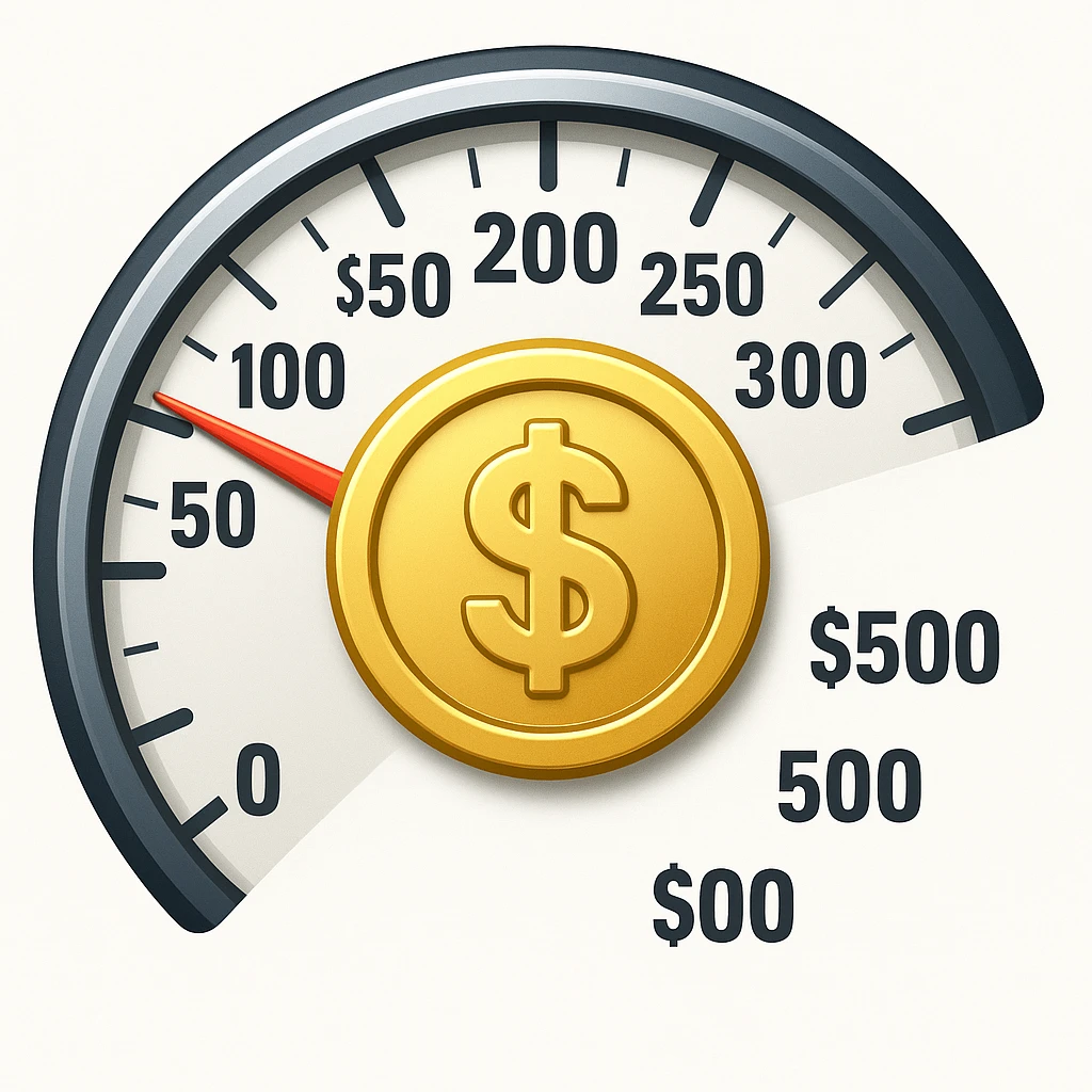 Show only half of the speedometer, and make the dollar coin in the center much bigger, keep classic apple emoji style emoji