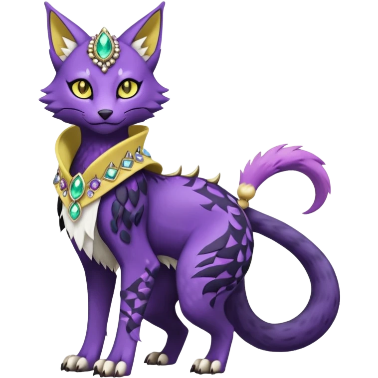 Kawaii cute Violet Yellow Black beautiful pretty elegant divine edgy feline-vernid-sergal-Fakémon-Pokémon-Digimon-fursona-animal-creature, full body, with intricate detailed markings, Embroidered capelet, Gem-studded horn ring emoji