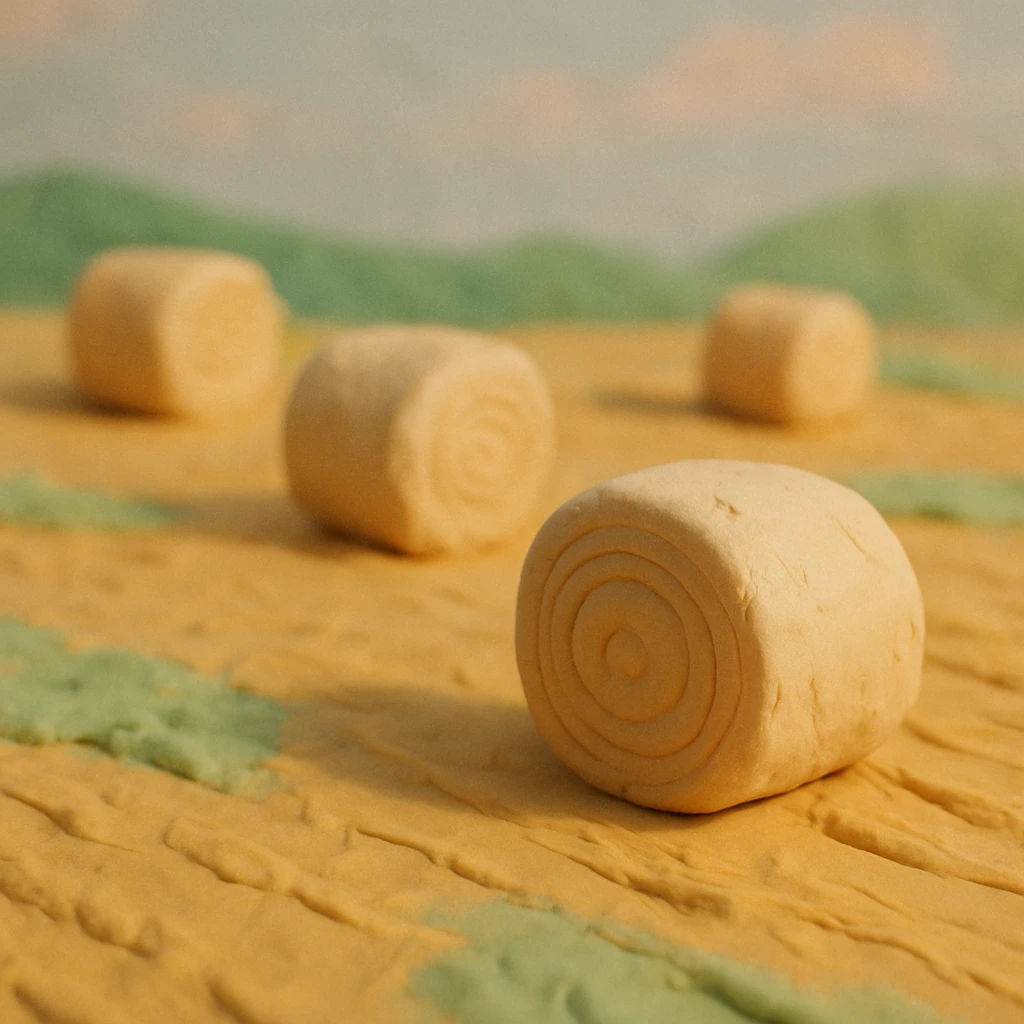 hay bales in a field, pastel colors, visible fingerprints, claymation style emoji