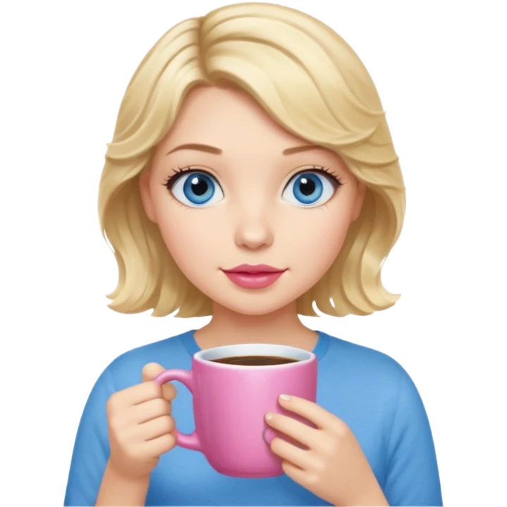Girl Blonde short wavy hair,  blue eyes, cute blue top, long lashes, pink lips, holding coffee mug emoji