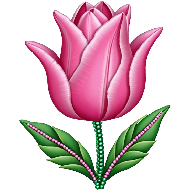 french beaded pink tulip flower with 2 leaves, handmade with glass beads, no background emoji