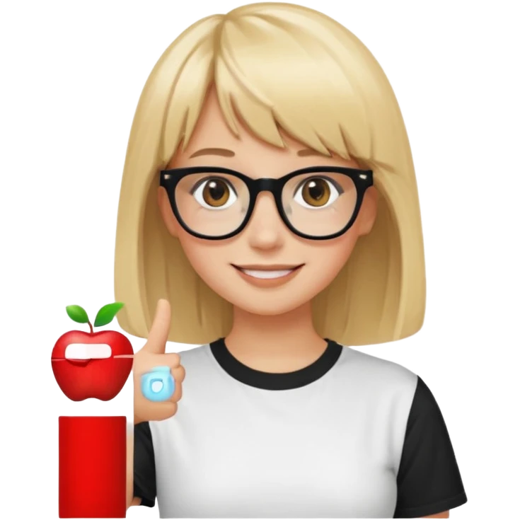 smiling girl with blonde hair, bangs, and brown eyes, wearing black square glasses and a white oversized T-shirt, pointing her finger up to the right, Apple emoji style emoji