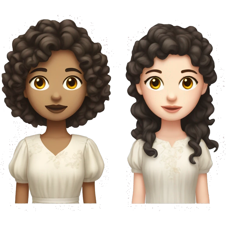 girl front profile with white pale skin, with dark brown eyes, with dark brown long curly hair mullet shag, with a white flowery dress emoji