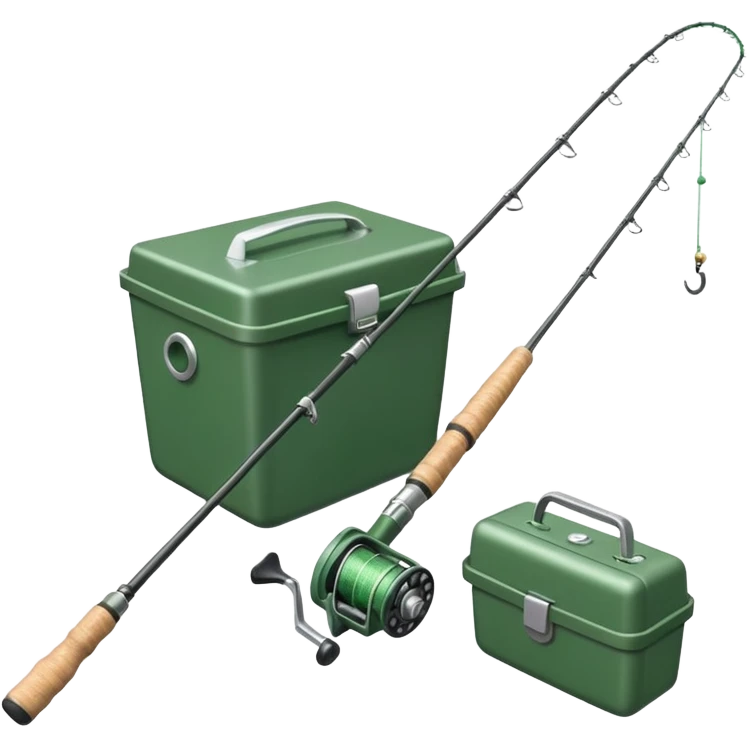 A fishing rod with reel and line neatly coiled beside a bait box.

 emoji
