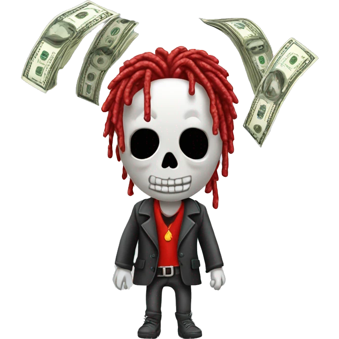 Young hustler skeleton with red color dreads  money falling down like rain drops emoji