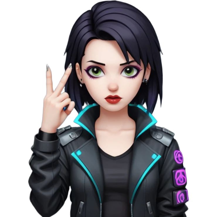 Woman with her tongue out in cyberpunk clothing and giving the middle finger. Looking naughty. emoji