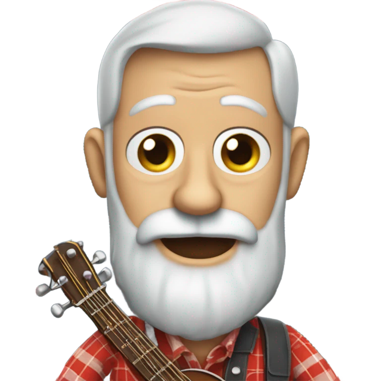 Old man, long grey beard, huge wild eyes, buck teeth, playing a banjo and wearing a red long sleeve plaid shirt emoji