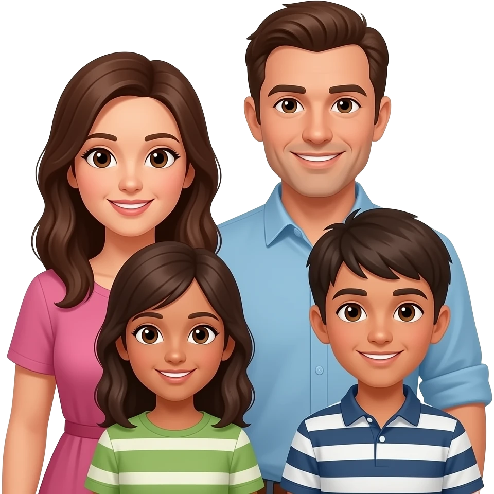 Family emoji of brunette mom, dad and 2 teen boys, all with brown eyes and olive skin emoji