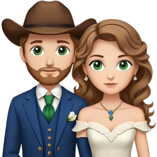 A bride and groom. Bride has brown hair with soft curls, has green eyes, wears an off shoulder dress. Groom, dark blue eyes, hair is blond, wears a western suit with a brown vest and a bolo tie. emoji