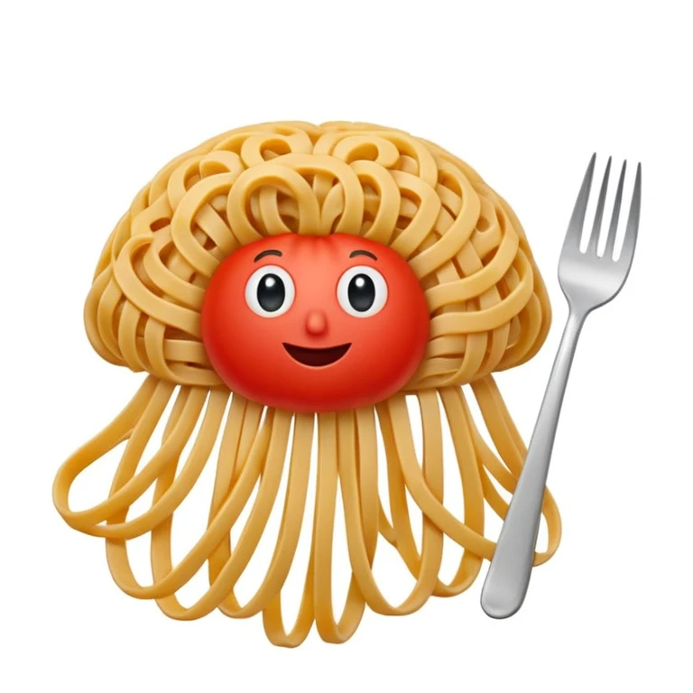 whimsical brain shaped like a spaghetti nest with a fork twirling pasta and a tomato on top emoji