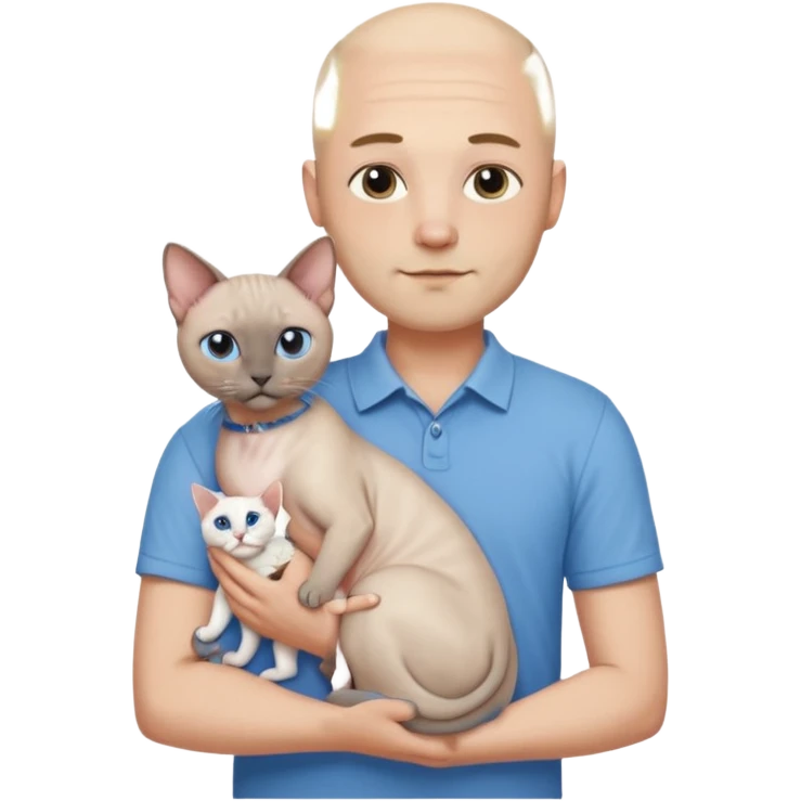 A couple a man and a woman. The man  is bald with a tiny beard and wearing a blue shirt, is holding a Siamese cat in his arms. The woman, who has light hair and is wearing a white dress, is holding a white Sphynx cat in her arms emoji