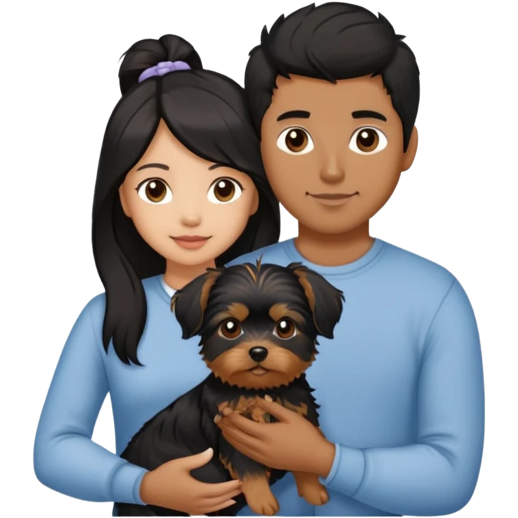 A couple holding a small Yorkshire Terrier together. The girl is Asian with long, luscious wavy black hair (loose, no hair tie). She is next to her boyfriend, a brown-skinned man with a short middle part haircut emoji
