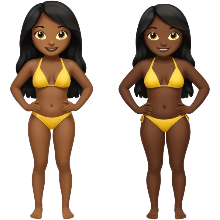 Dark black skin, african girl, long black hair, yellow bikini smiling, full body, curvy body, hand on hip. emoji