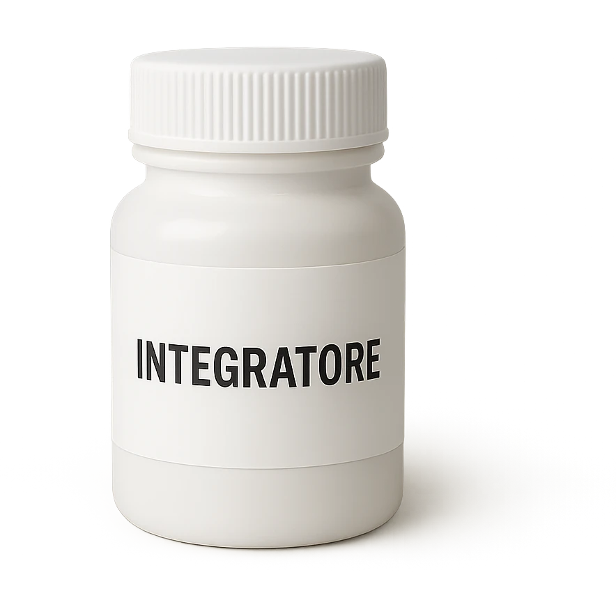 boccetta di integratore con la scritta "INTEGRATORE" SULL'ETICHETTA emoji