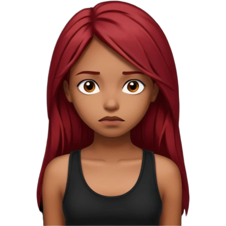 a brown girl with straight long dark red hair, black tank top, . Looking sad emoji